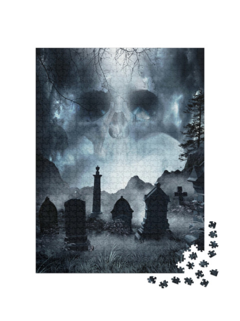 Puzzel 1000 stukjes „Nachtscène met mist en grafstenen, schedel op de achtergrond“