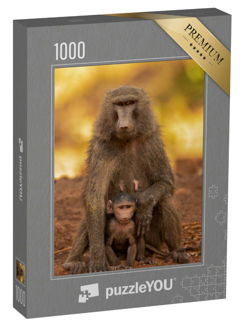Puzzel 1000 stukjes „Familie- en gedragsportret van olijfbavianen, Nationaal Park Pendjari, Benin“