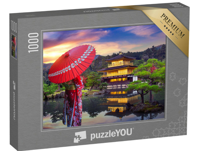 Puzzel 1000 stukjes „Aziatische vrouw in traditionele kimono voor het Gouden Paviljoen, Kyoto, Japan“