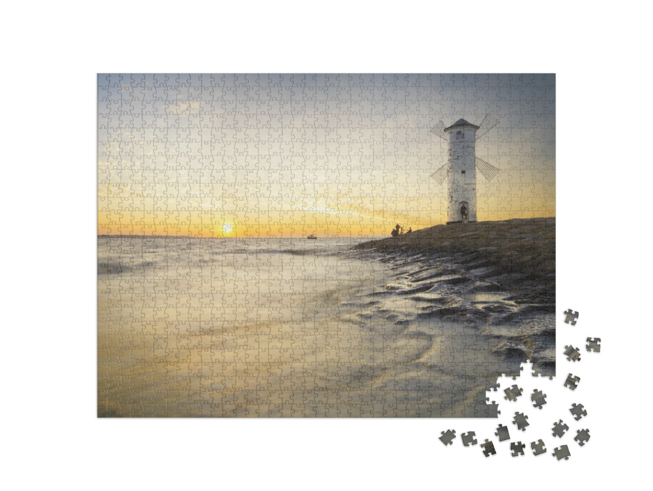 Puzzel 1000 stukjes „Vuurtoren met windmolenwieken aan de Baltische Zee in Polen“