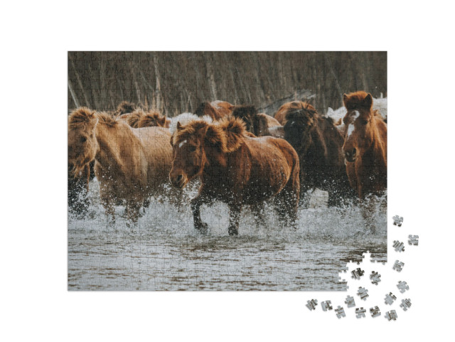 Puzzel 1000 stukjes „Grote groep bruine en witte paarden in een bosgebied in Mongolië“