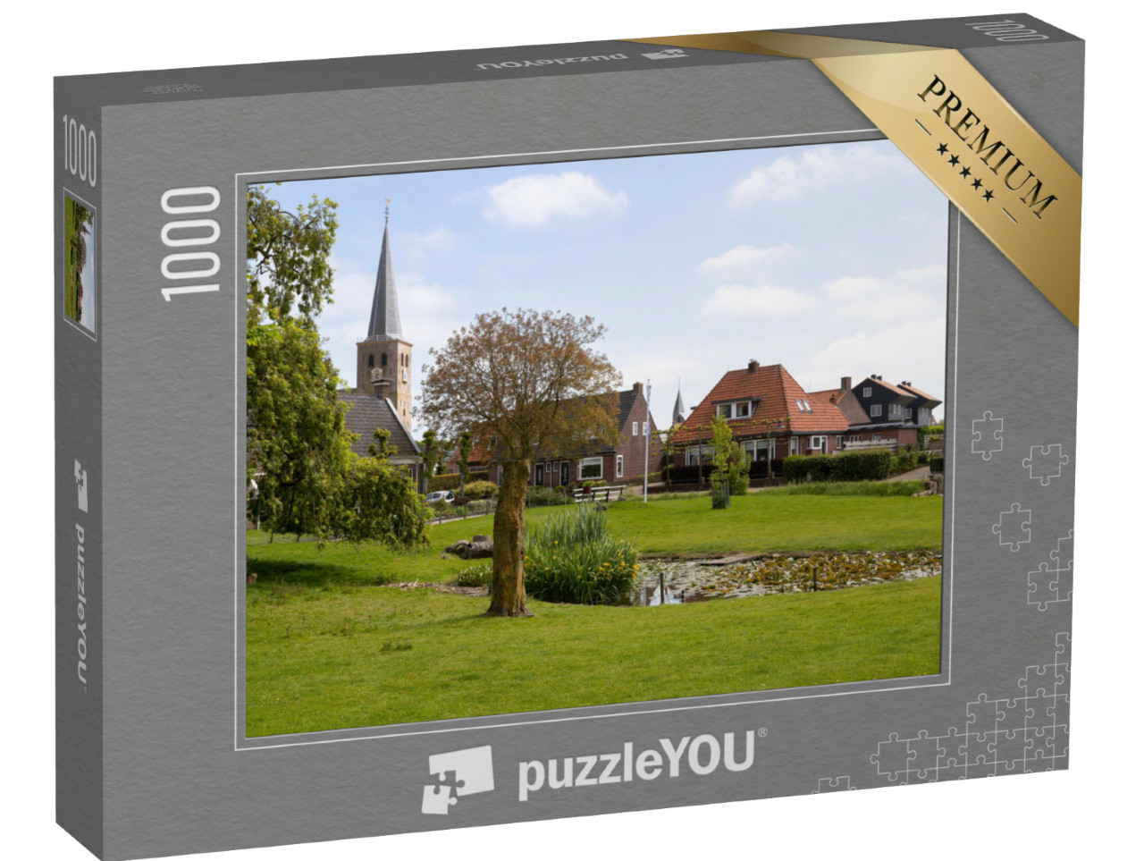 Puzzel 1000 stukjes „Dorpsgezicht met de torenspits van de Sint-Martinuskerk in het dorp Hallum“