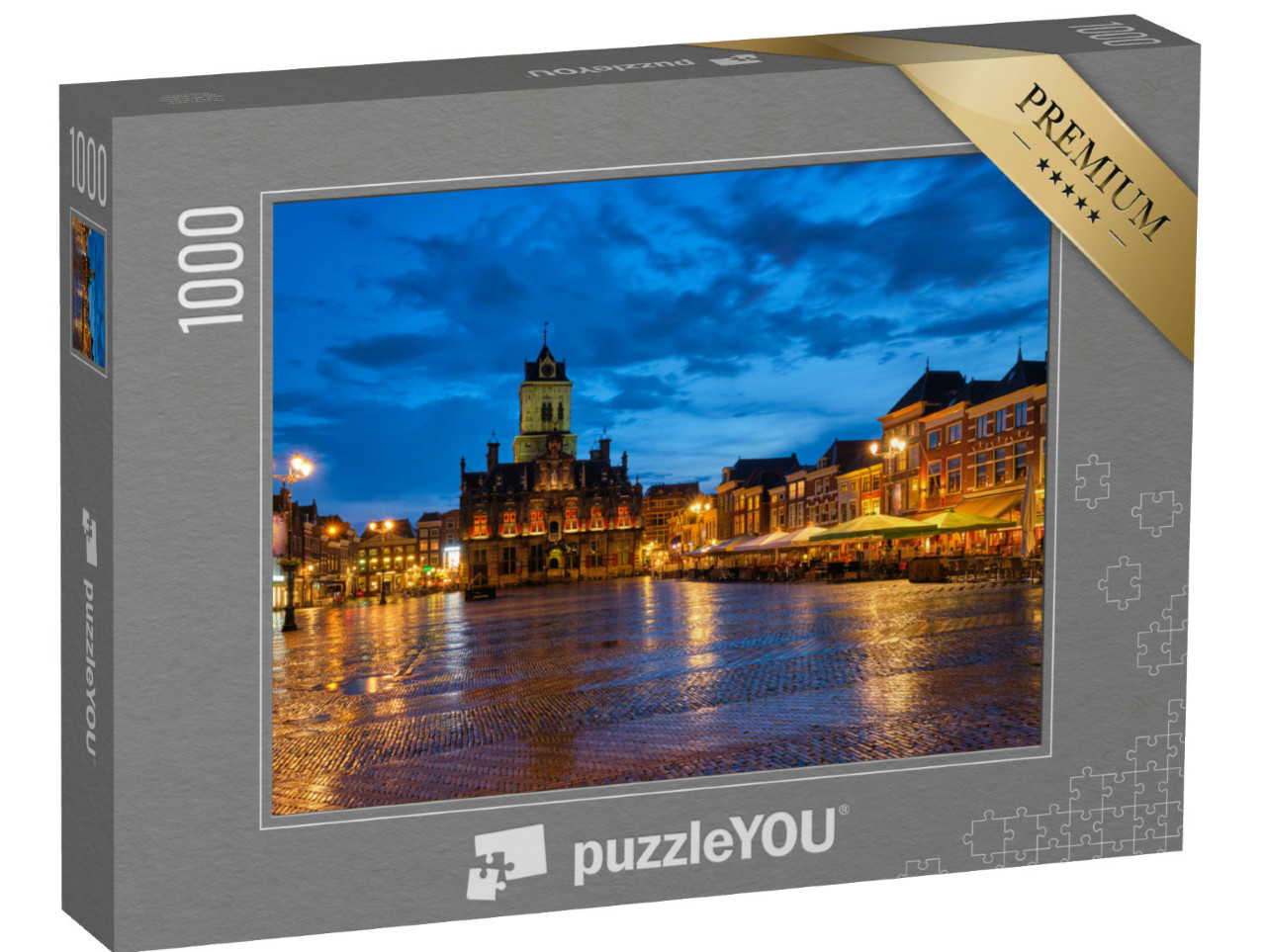 Puzzel 1000 stukjes „Het stadhuis van Delft en de Delftse Markt in de avond“