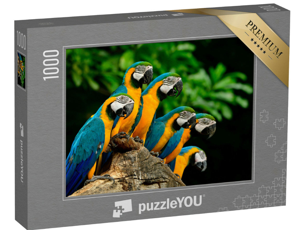 Puzzel 1000 stukjes „Veel blauw met gele of blauw met gouden ara's op een boomstam“