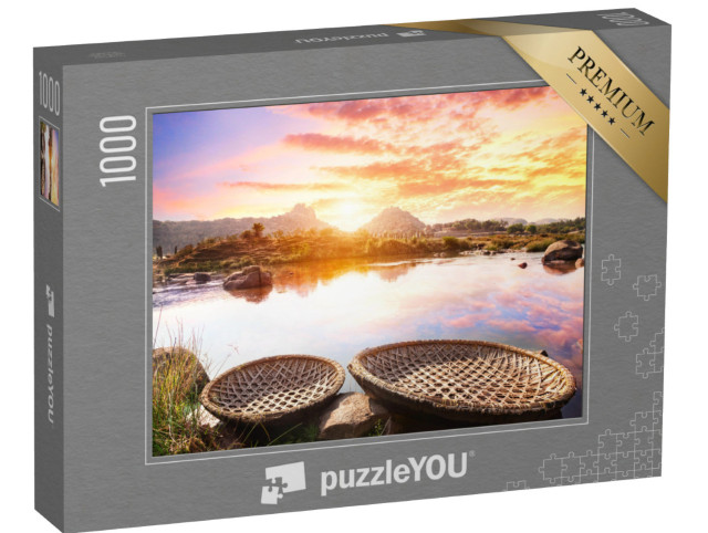 Puzzel 1000 stukjes „Zonsondergang bij de rivier Tungabhadra in Hampi, Karnataka, India“