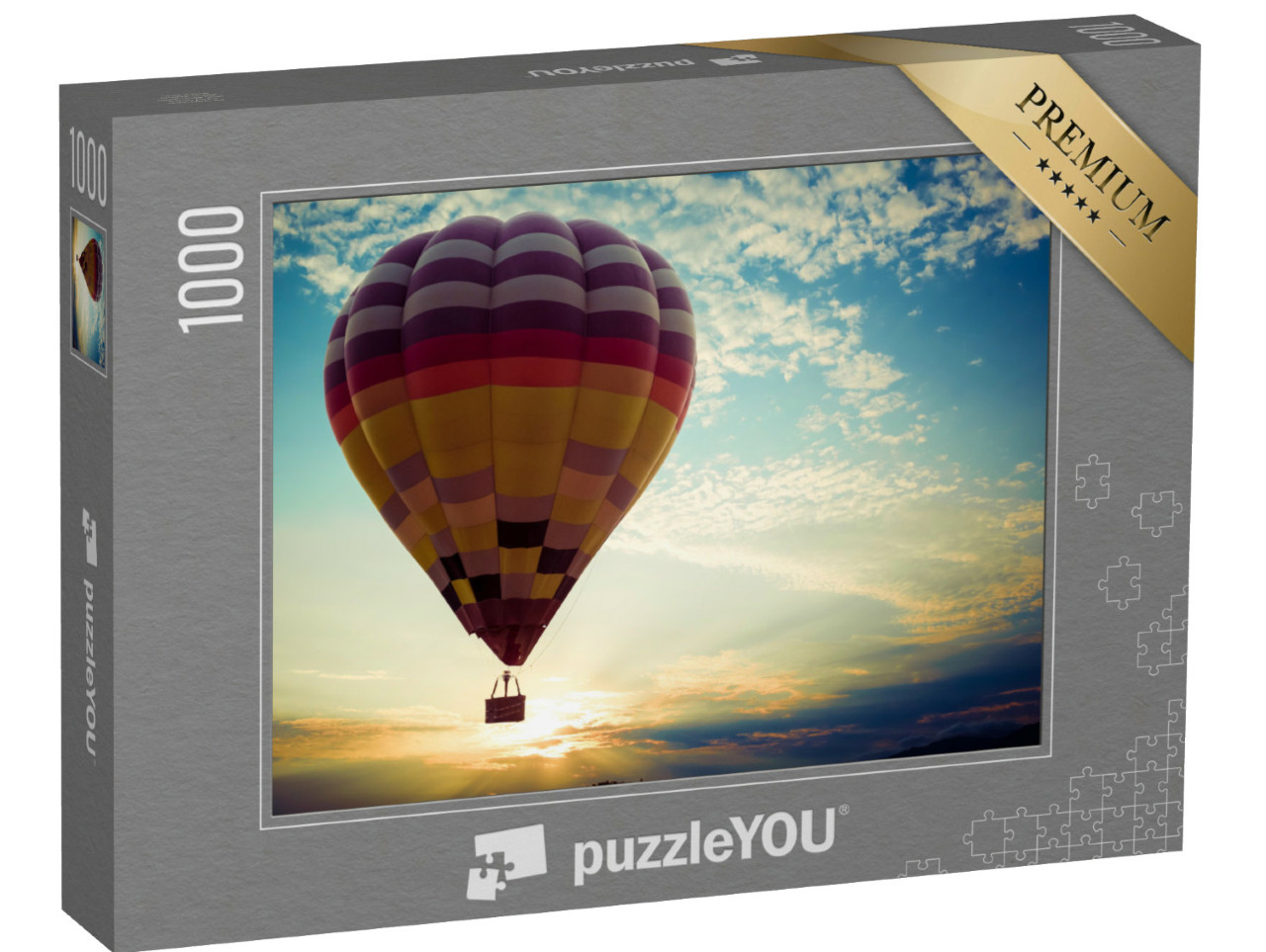 Puzzel 1000 stukjes „Kleurrijke heteluchtballon op reis naar de zonsondergang“