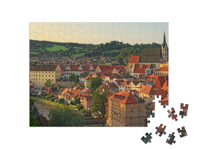 Puzzel 200 stukjes „Stadsgezicht in de ochtend met rode pannendaken, Krumlov, Tsjechië“