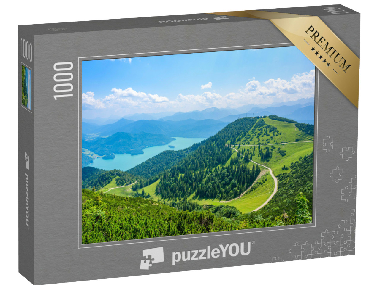 Puzzel 1000 stukjes „Uitzicht vanaf de berg Herzogstand naar het meer Walchensee“