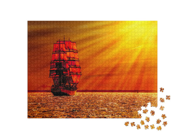 Puzzel 1000 stukjes „Zeilschip in een bloedrode zonsondergang“