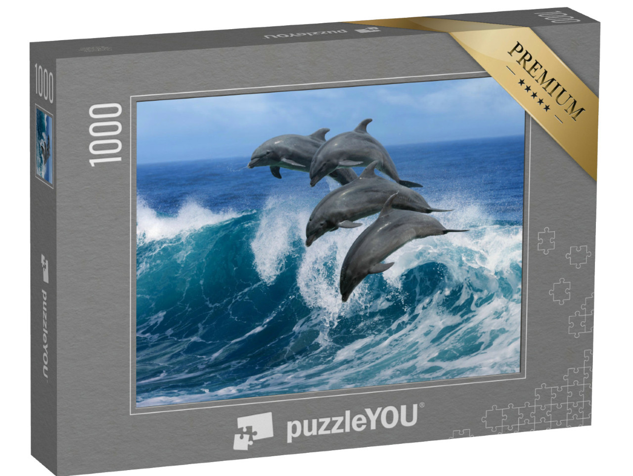 Puzzel 1000 stukjes „Vier prachtige dolfijnen springen over verpletterende golven, Hawaii“
