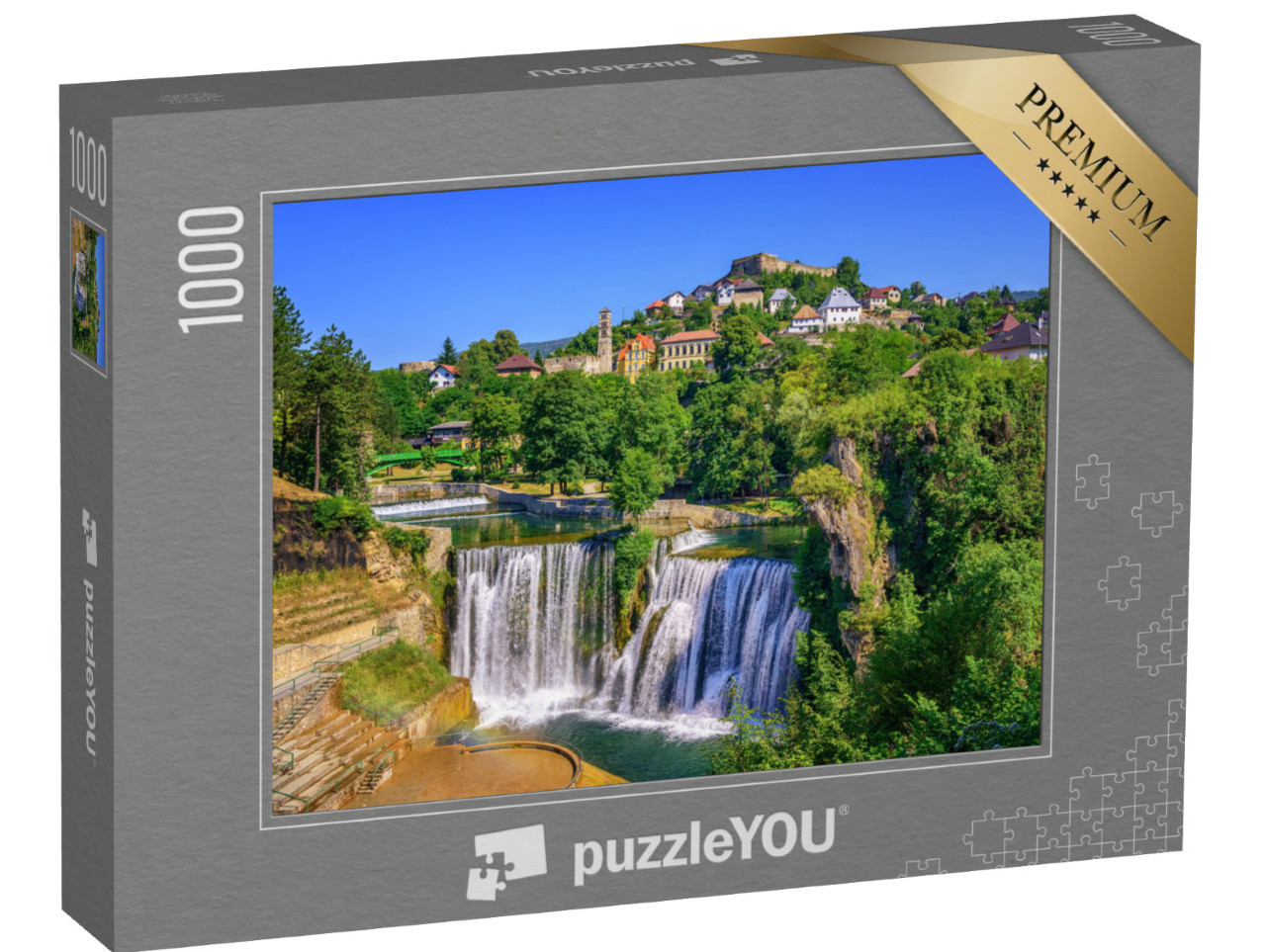 Puzzel 1000 stukjes „Pliva waterval in de stad Jajce, Bosnië en Herzegovina“