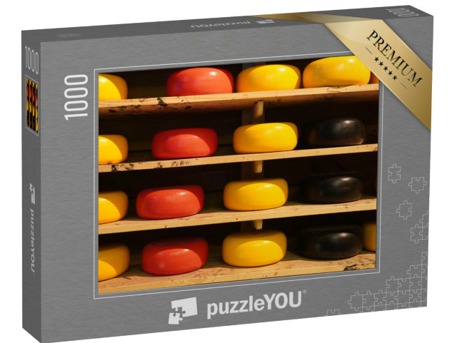 Puzzel 1000 stukjes „Kleurrijke kaas, assortiment kaaswielen in verschillende kleuren en smaken“
