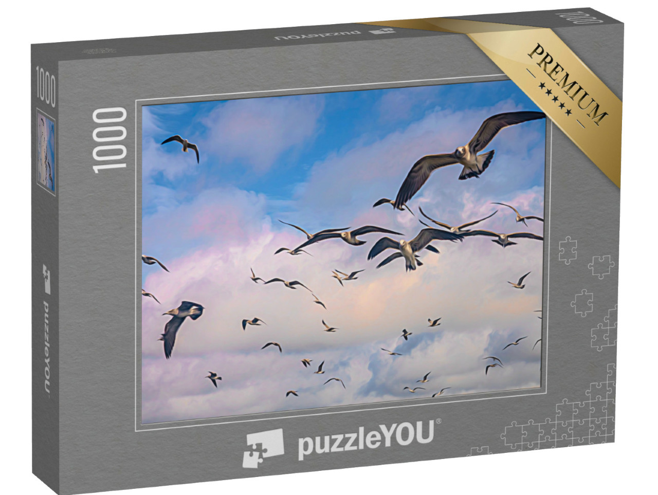 Puzzel 1000 stukjes „Een zwerm meeuwen vliegt door de lucht“