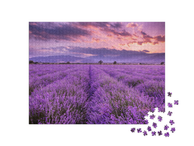 Puzzel 1000 stukjes „Zonsondergang boven een prachtig lavendelveld“