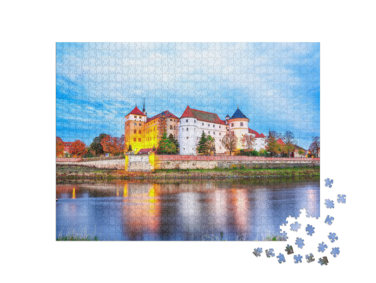 Puzzel 1000 stukjes „Pittoresk ochtenduitzicht van kasteel Hartenfels aan de oever van de Elbe“