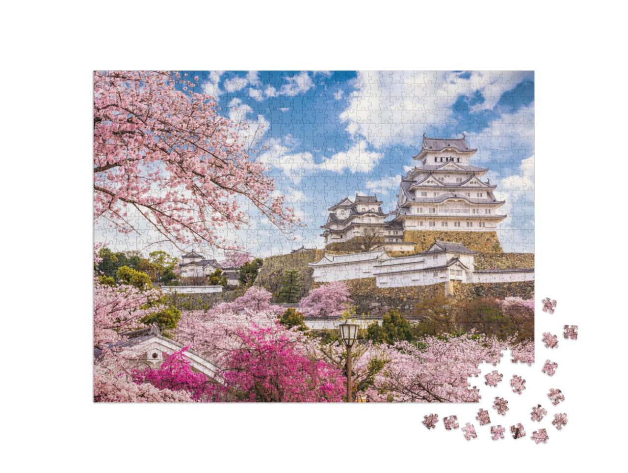 Puzzel 1000 stukjes „Kersenbloesem in het kasteel van Himeji in de lente, Japan“