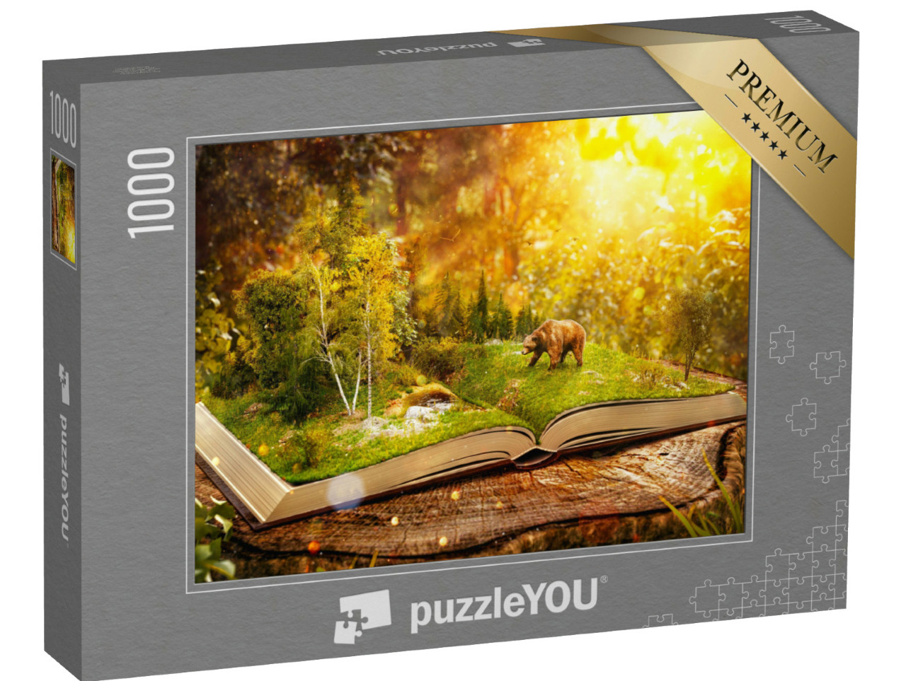 Puzzel 1000 stukjes „Fantasy illustratie: Open boek met wild bos en beer“