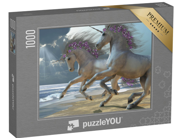 Puzzel 1000 stukjes „Twee prachtige witte eenhoorns dartelen op het strand“