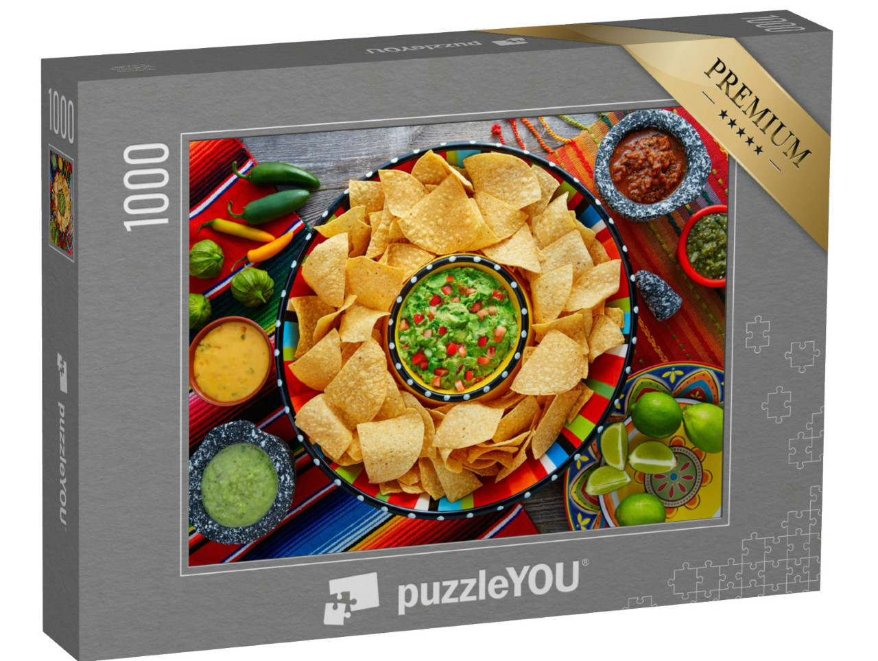 Puzzel 1000 stukjes „Nachos met guacamole tortillachips in een sombrero bord“