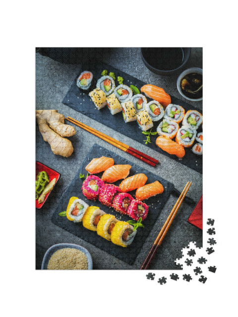 Puzzel 1000 stukjes „Maki en broodjes met vis, garnalen en avocado“