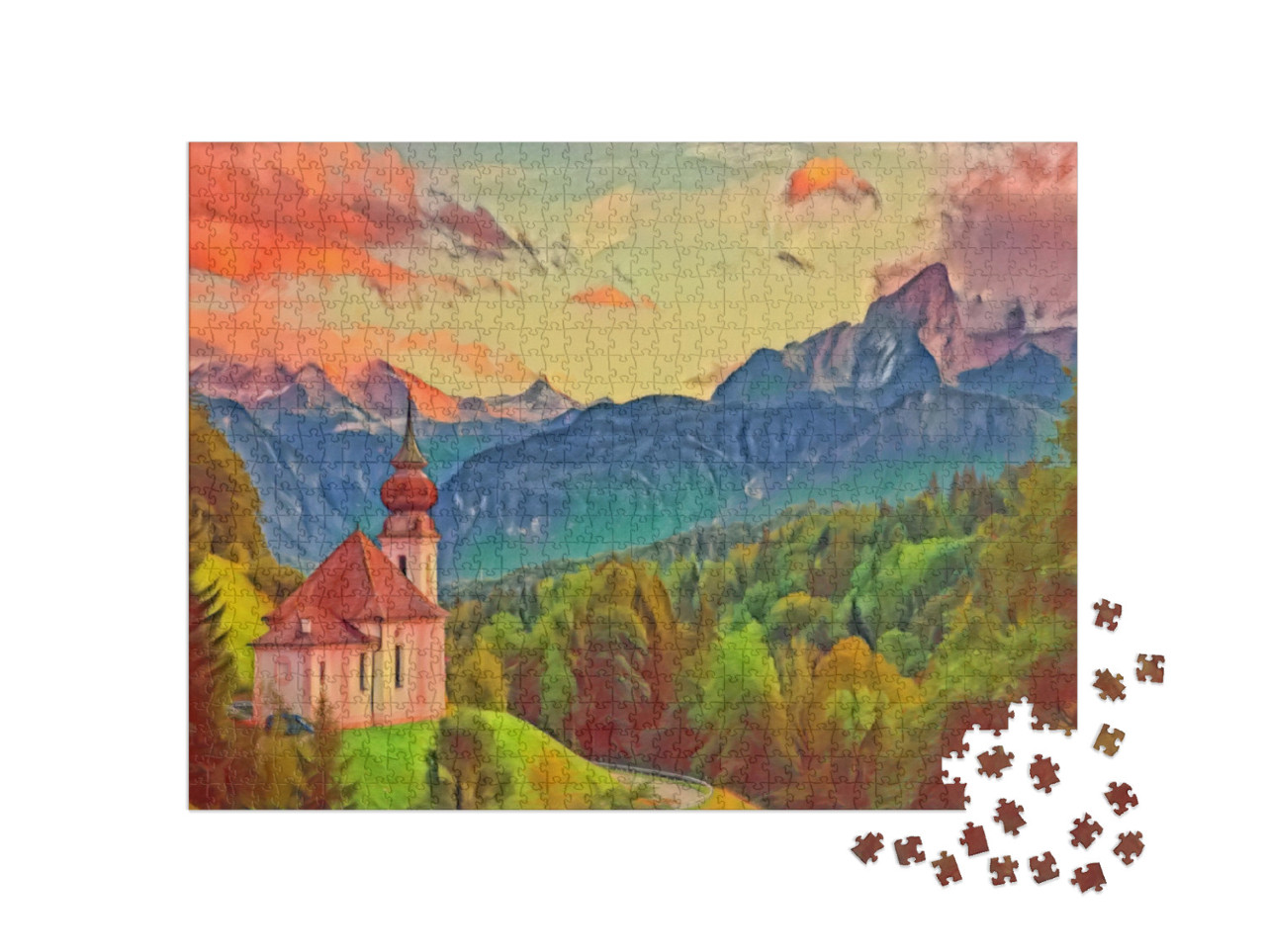 Puzzel 1000 stukjes „in de kunststijl van Franz Marc - Watzmann met Maria Gern kerk - Puzzelcollectie Kunstenaars & Schilderijen“