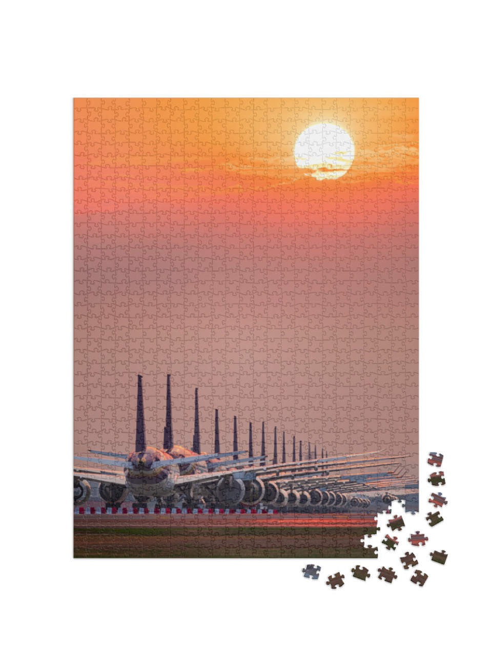 Puzzel 1000 stukjes „Perfect geparkeerde vliegtuigen in de zonsondergang“