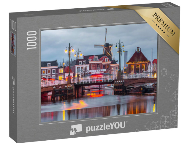 Puzzel 1000 stukjes „Nachtleiden met Blauwpoortsbrug en molen De Valk, Zuid-Holland“