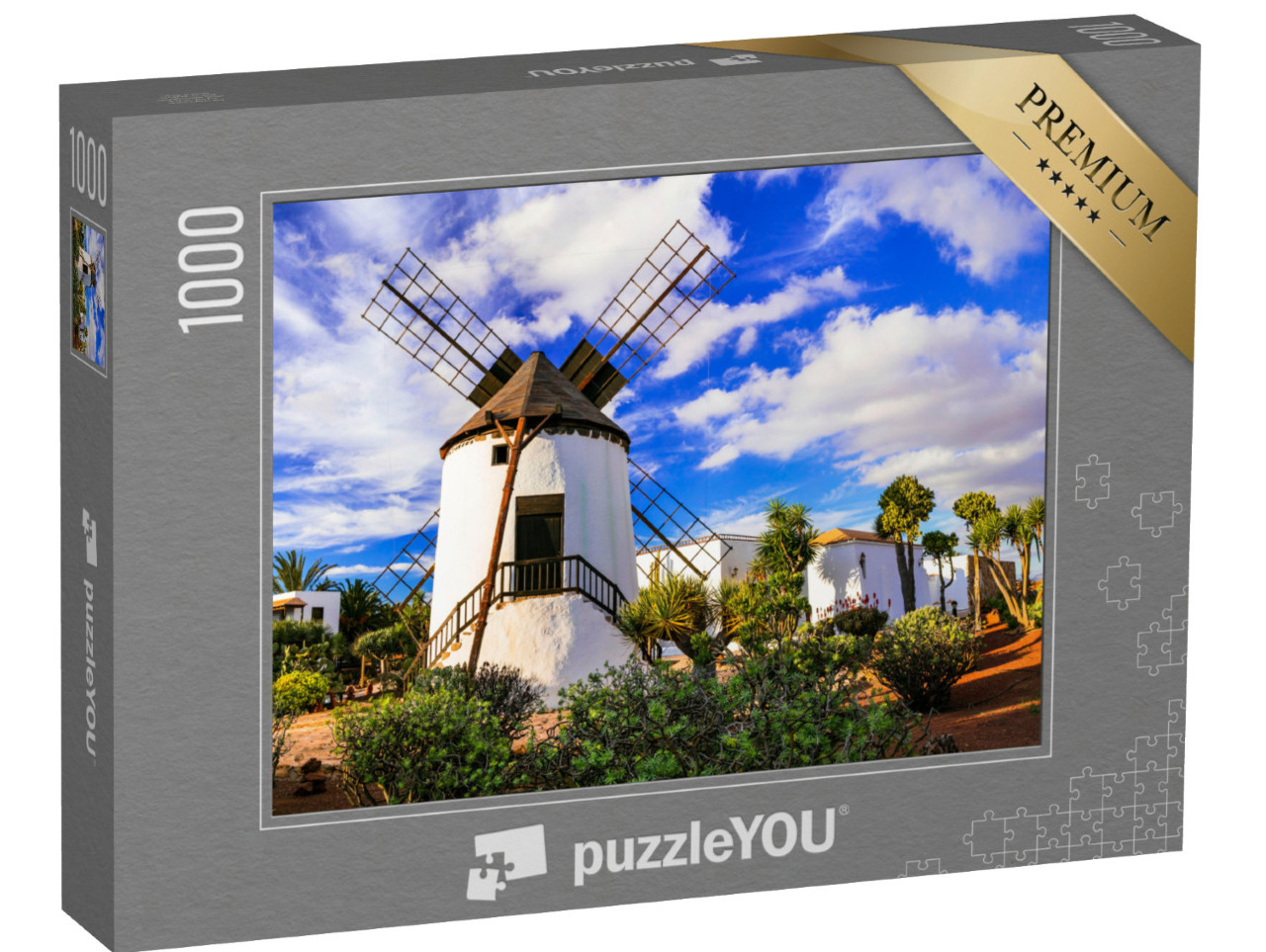 Puzzel 1000 stukjes „Bezienswaardigheid op Fuerteventura: Windmolen bij Antigua, Spanje“