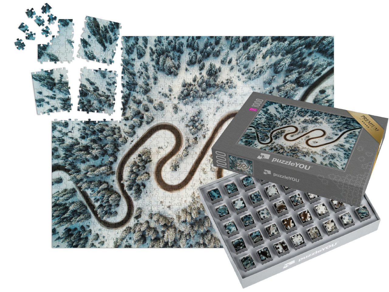 SMART SORTED® | Puzzel 1000 stukjes „In vogelvlucht: bergweg in de winterse Dolomieten“