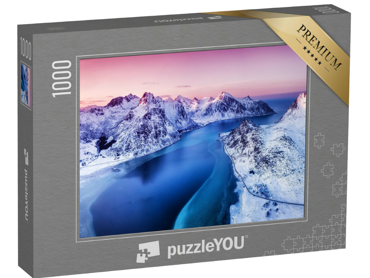 Puzzel 1000 stukjes „Luchtfoto van de Lofoten-eilanden: Bergen en zee, Noorwegen“