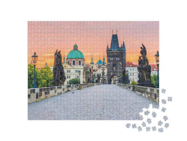 Puzzel 1000 stukjes „Karelsbrug en Oude Stadstoren bij zonsopgang, Praag“