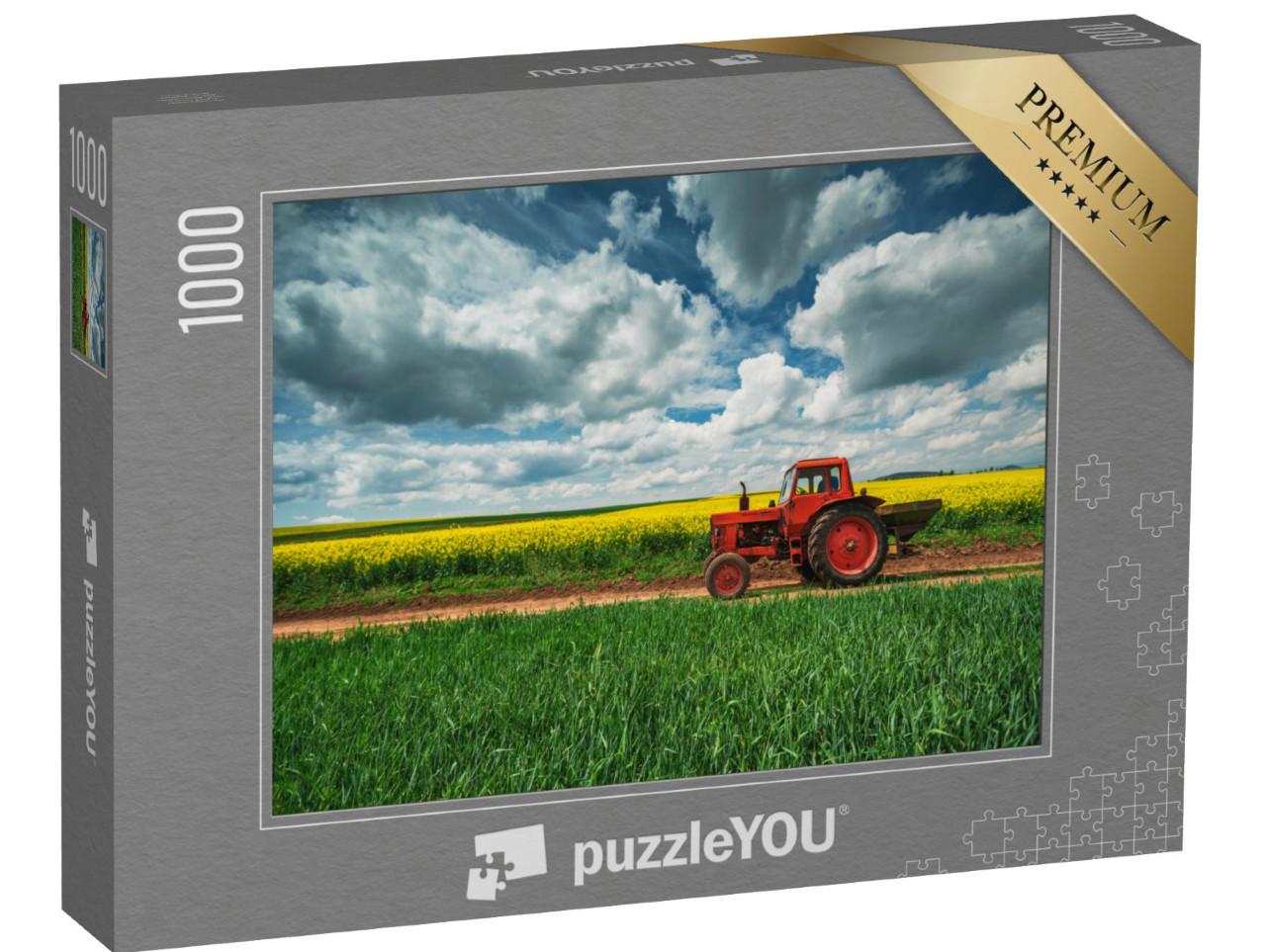 Puzzel 1000 stukjes „Rode tractor met aanhanger voor een koolzaadveld, Oxfordshire“