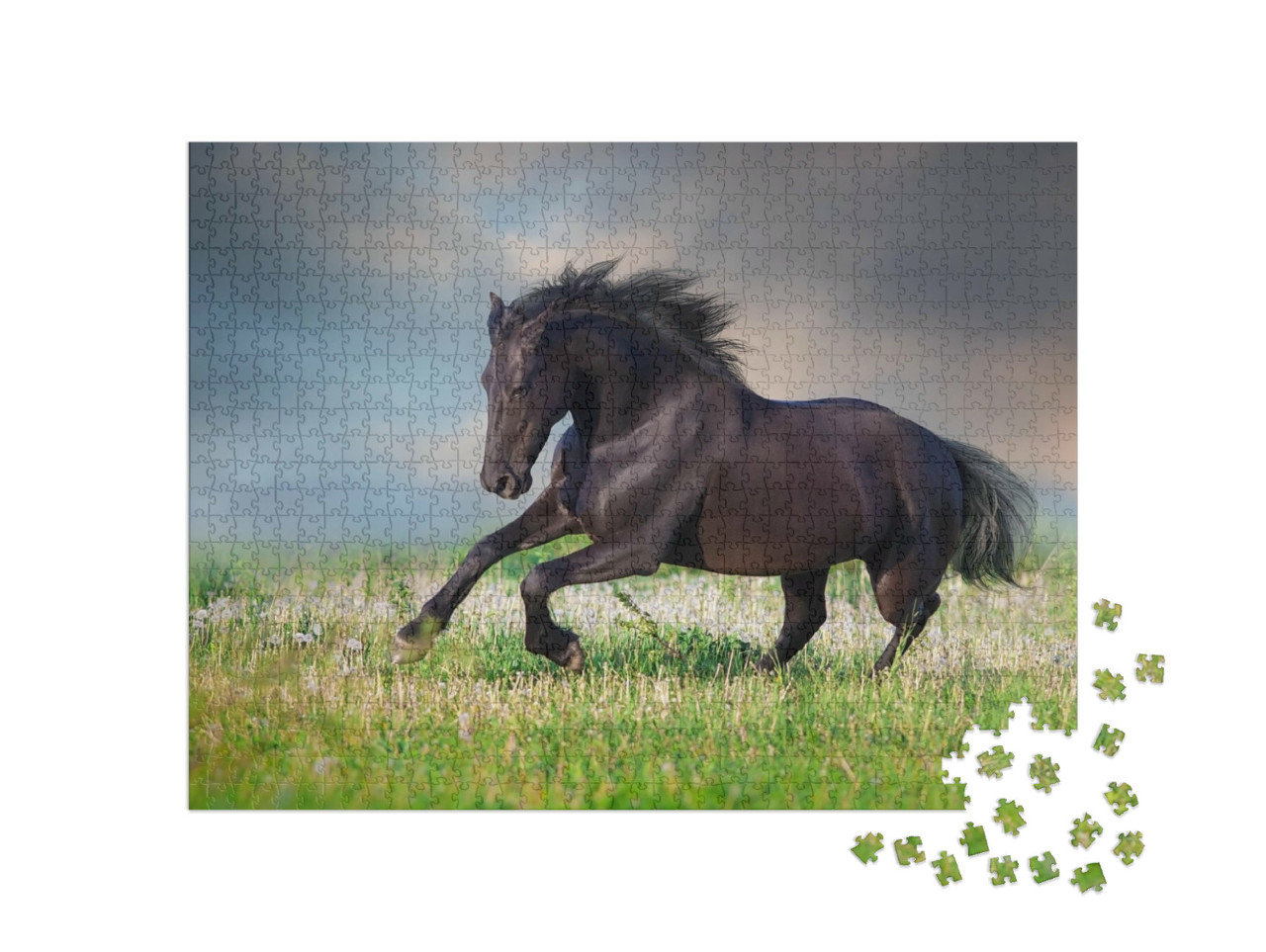Puzzel 1000 stukjes „Fries paard in galop op een lentegroene weide“