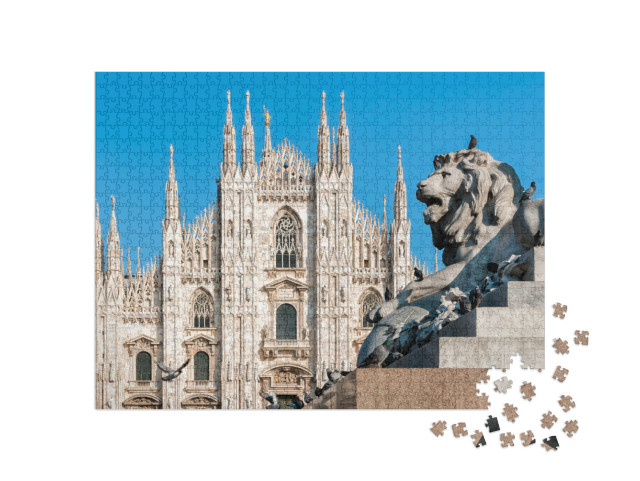 Puzzel 1000 stukjes „Kathedraal van Milaan met leeuwenmonument, Italië“