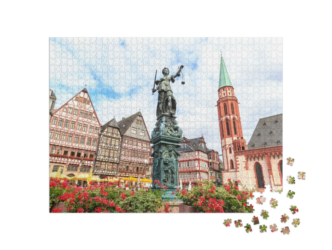 Puzzel 1000 stukjes „Historisch oud stadsplein Römerberg met Justitia standbeeld, Frankfurt, Duitsland“