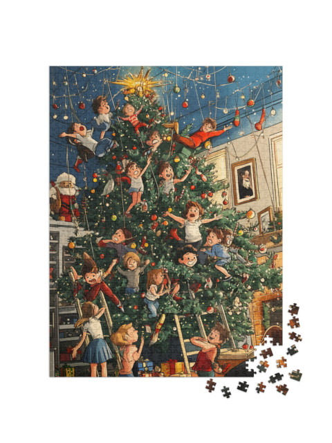 Puzzel 1000 stukjes „Un Noël de folie : Les enfants s'ébattent dans le sapin de Noël“