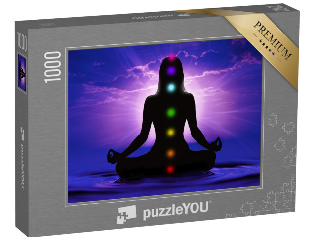 Puzzel 1000 stukjes „Silhouet van een vrouw die yoga doet en zeven chakrapunten heeft bereikt“