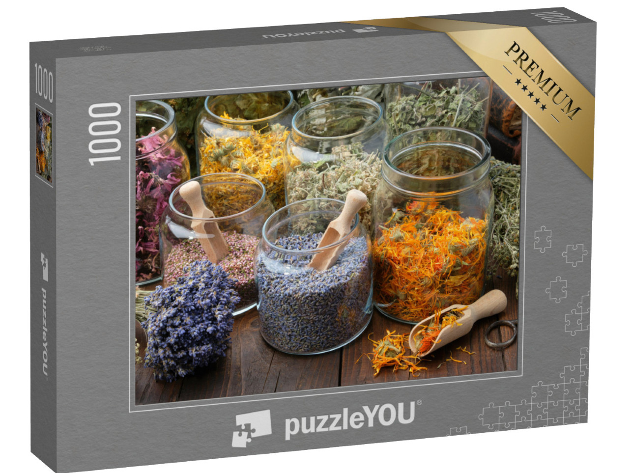 Puzzel 1000 stukjes „Glazen potten met gedroogde lavendel en goudsbloemen“