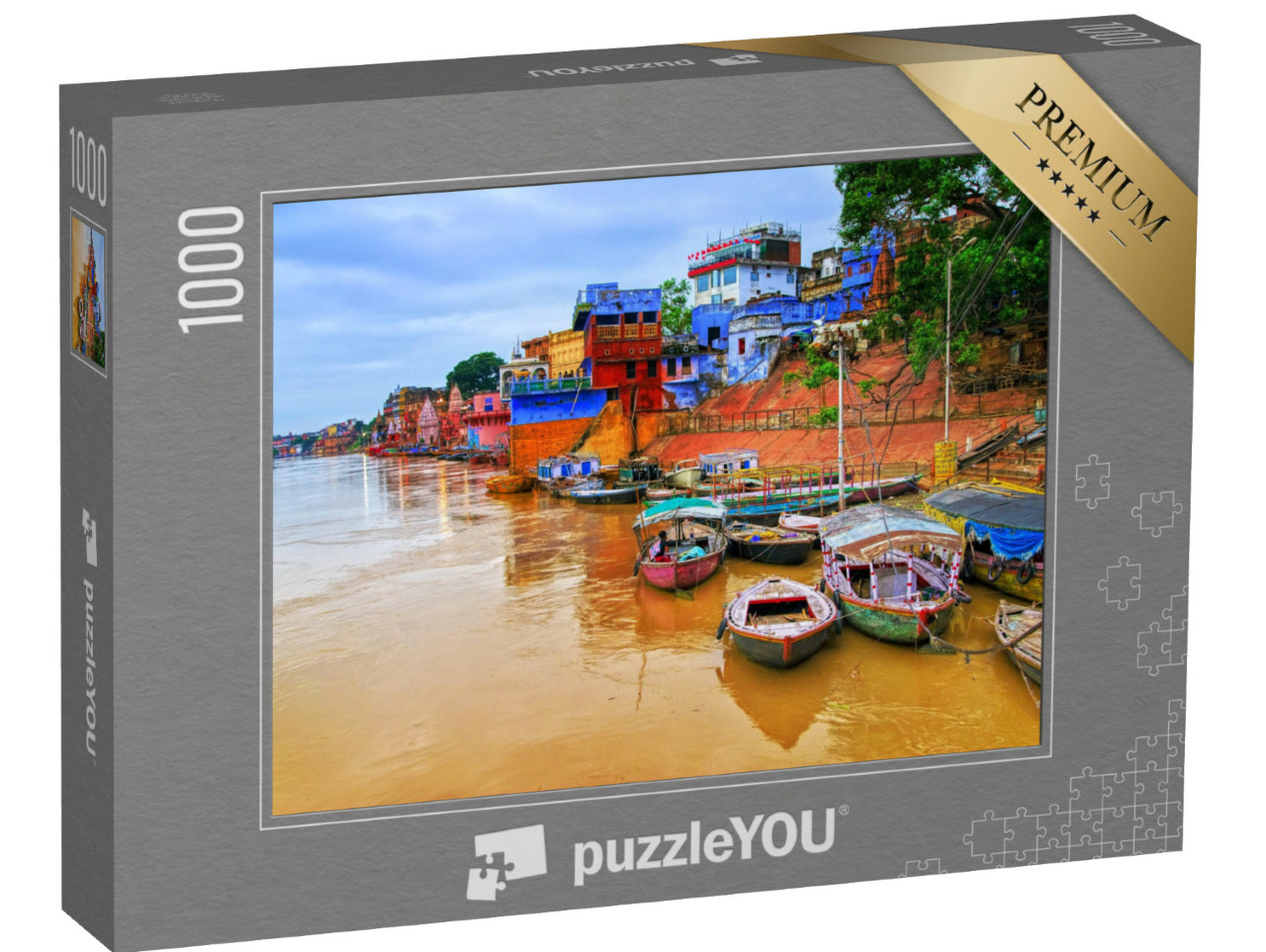 Puzzel 1000 stukjes „Uitzicht op Varanasi aan de rivier de Ganges, India“