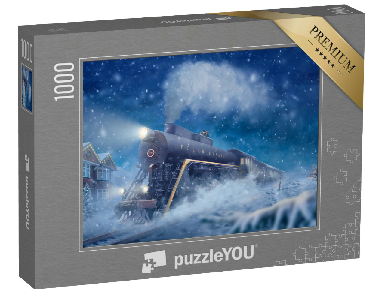 Puzzel 1000 stukjes „Polar Express in een besneeuwd landschap, kleine jongen, man op de trein“