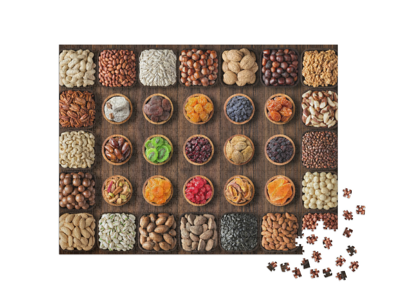 Puzzel 1000 stukjes „Kleurrijke noten en gedroogd fruit in kleine schaaltjes“