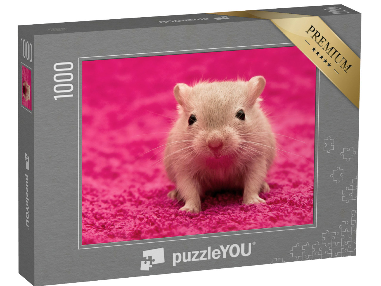 Puzzel 1000 stukjes „Nieuwsgierige kleine woestijnmuis op een roze knus tapijt“