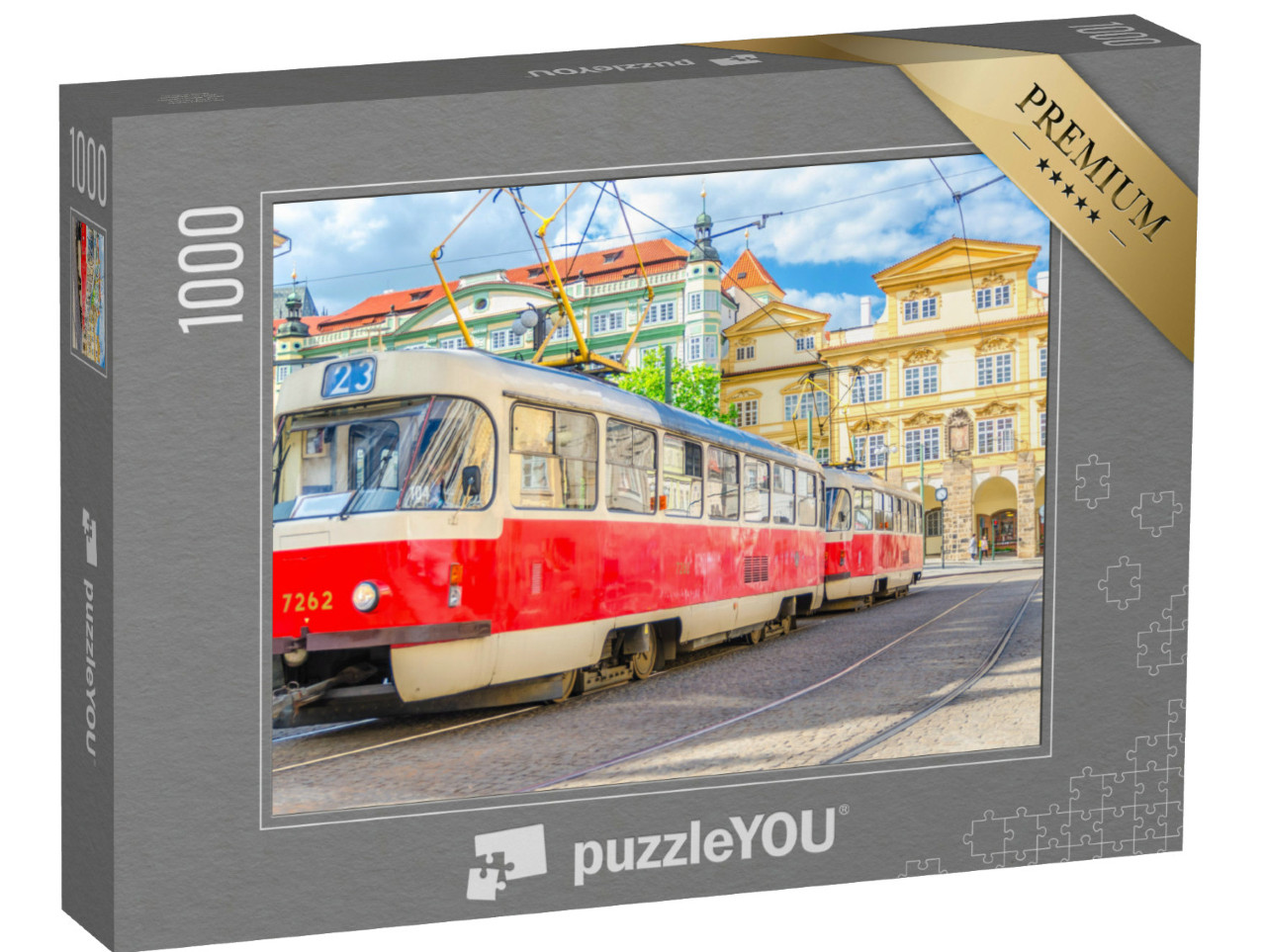 Puzzel 1000 stukjes „Retro tram op rails in de straten van Praag“