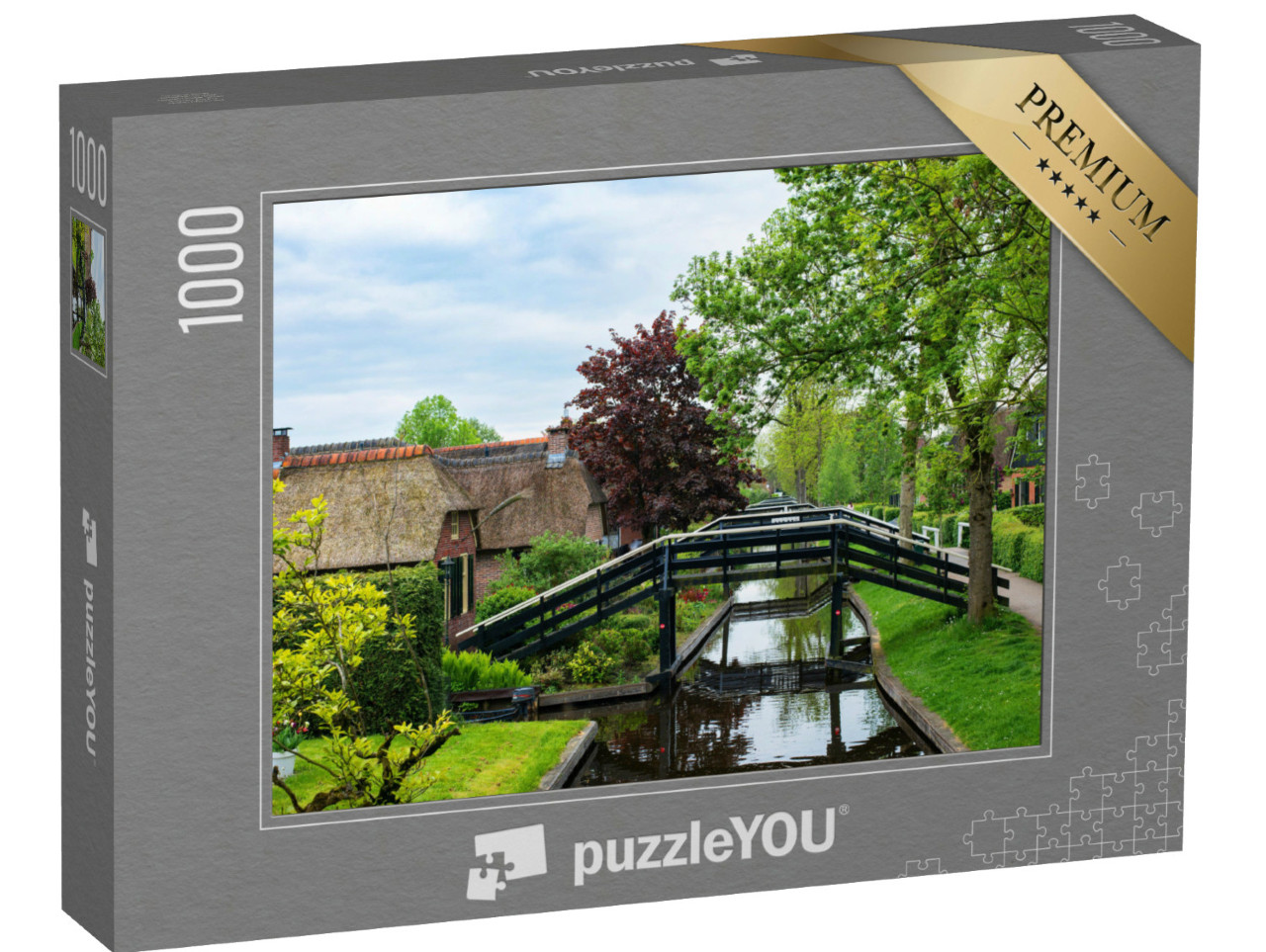 Puzzel 1000 stukjes „Uitzicht op het dorp Giethoorn, bekend als het "Venetië van het Noorden" in Nederland“