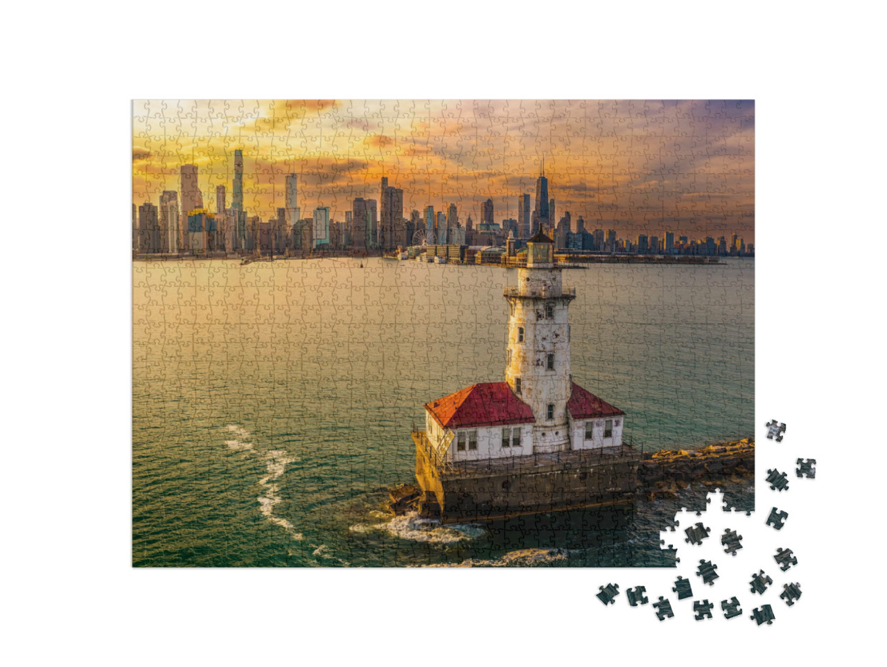Puzzel 1000 stukjes „Chicago haven en vuurtoren bij zonsondergang“