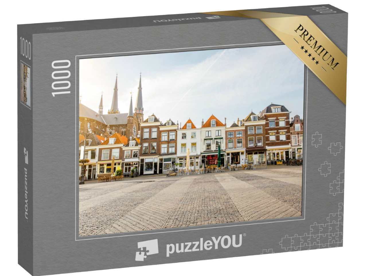 Puzzel 1000 stukjes „Zicht op de prachtige gevels en de kerk op het centrale plein in Delft“