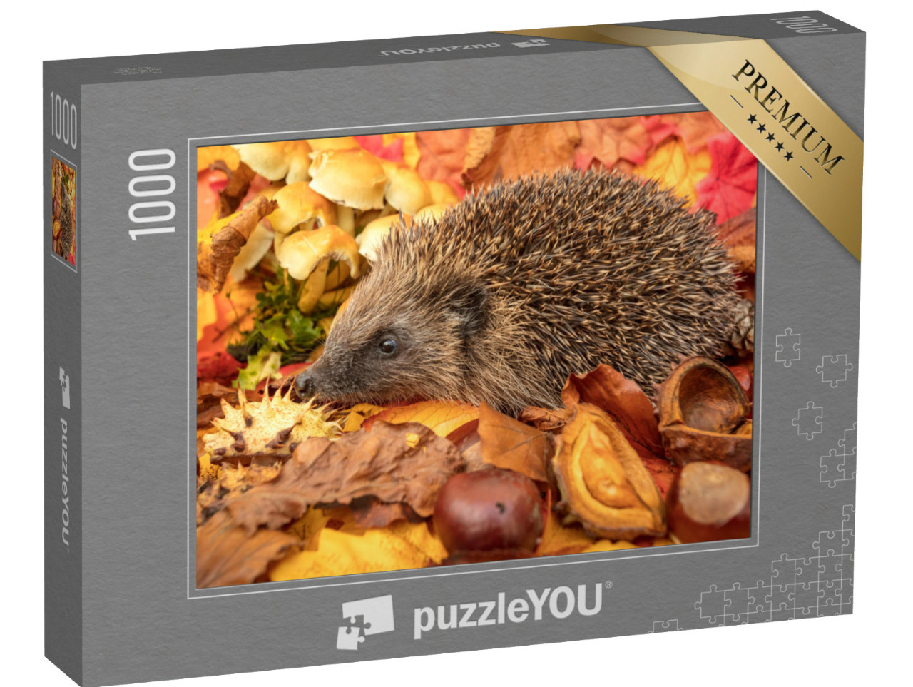 Puzzel 1000 stukjes „Egels in de herfst met kastanjes en kleurrijke herfstbladeren“