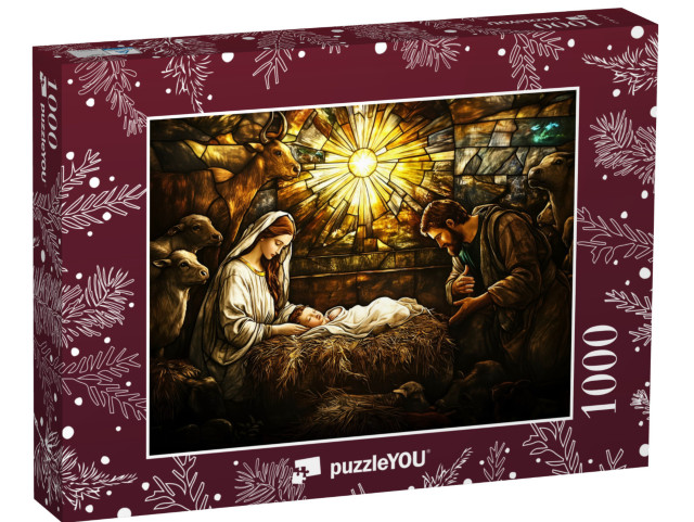 Puzzel 1000 stukjes „Vitrail d'église : scène de grippe de Noël avec Jésus, Marie et Joseph“