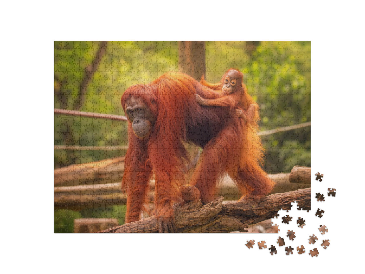 Puzzel 1000 stukjes „Orang-oetan welp op de rug van zijn moeder“