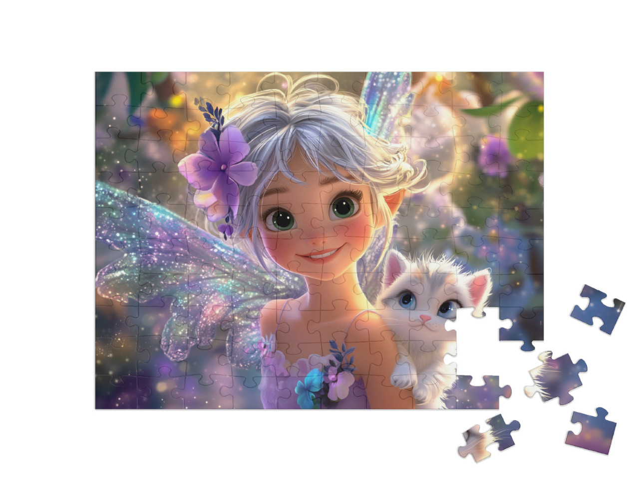 Puzzel 100 stukjes „Paarse glitterfee met haar schattige kat“